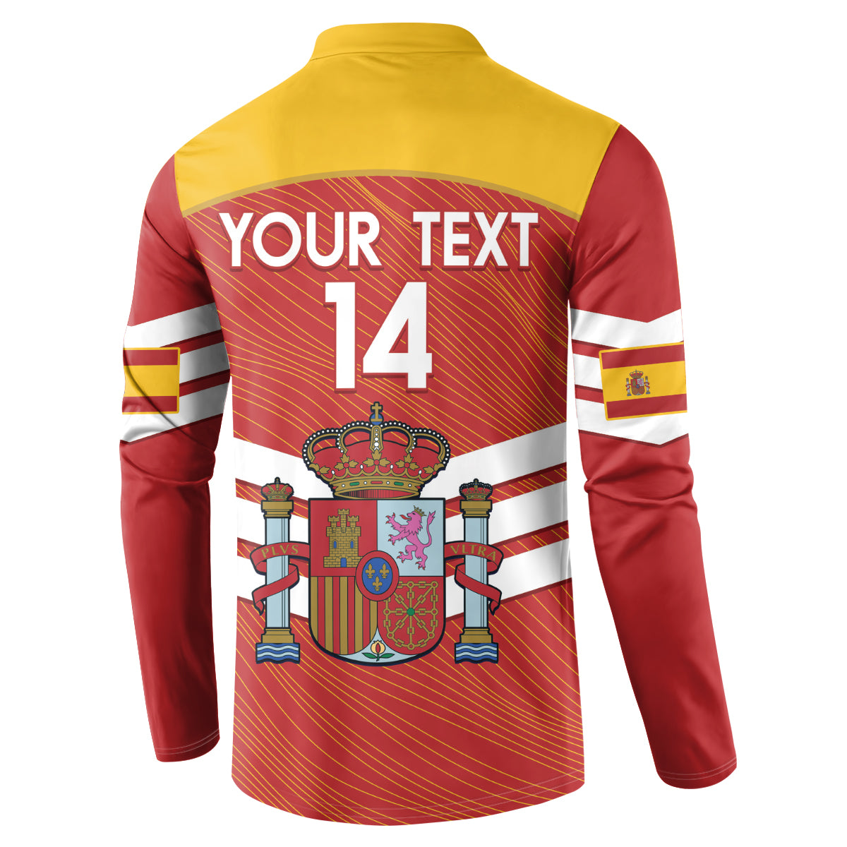 Spain fan button sweatshirt with back 'YOUR TEXT' and large number 14, red and yellow