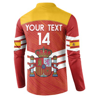 Spain fan button sweatshirt with back 'YOUR TEXT' and large number 14, red and yellow