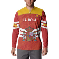 Spain fan button sweatshirt in red and yellow with 'LA ROJA' front graphic and crest
