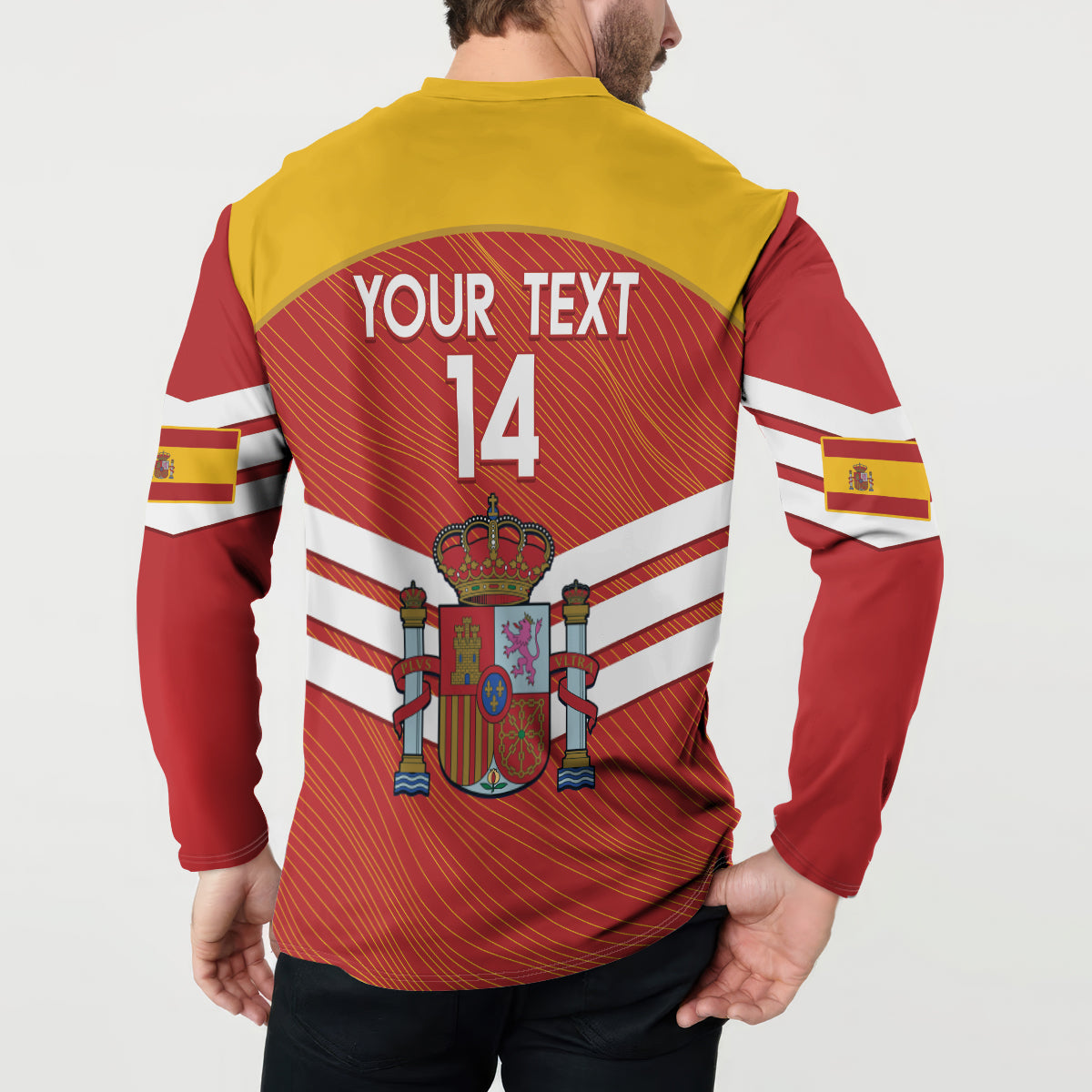 Spain fan button sweatshirt with back 'YOUR TEXT' and number 14, red and yellow crest