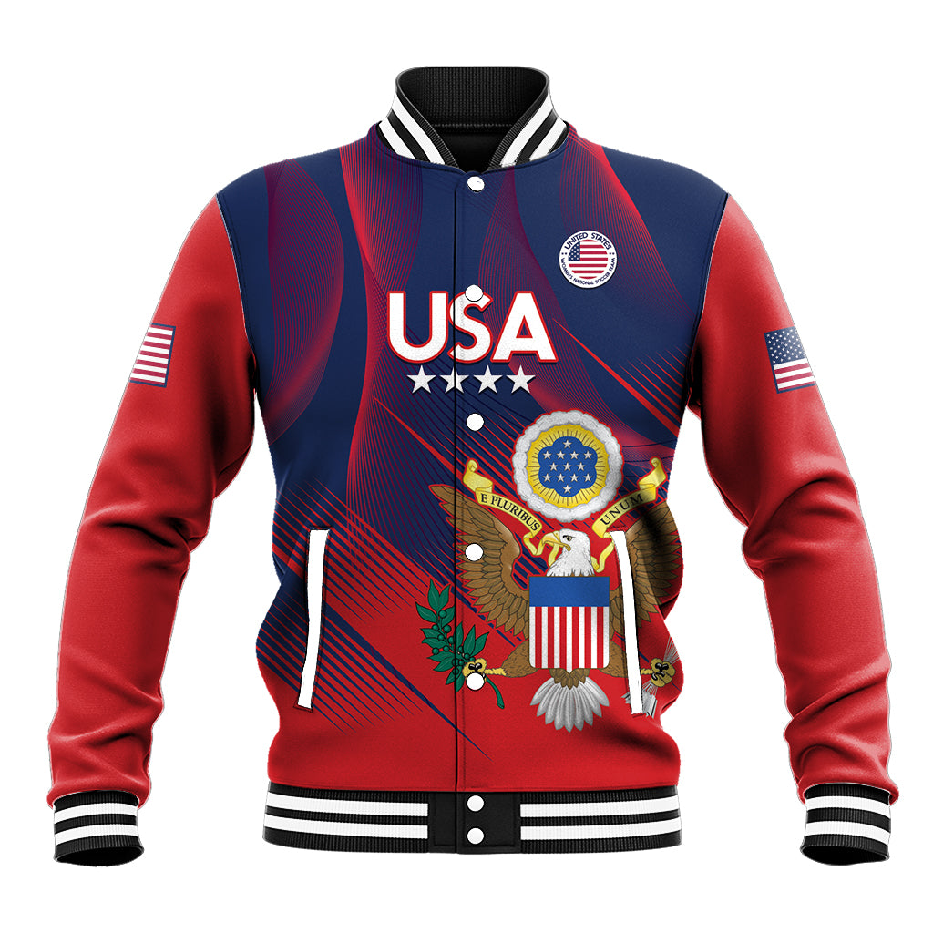 Unisex blue/red USA baseball jacket with varsity collar, snap buttons, front crest patch