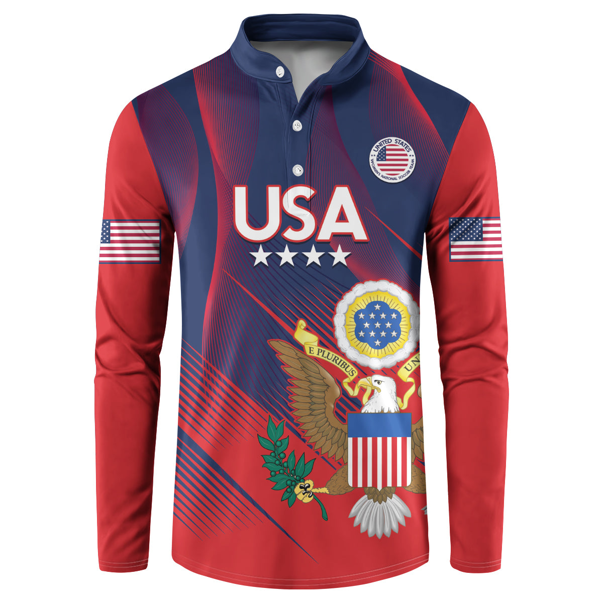 Red and navy button sweatshirt with USA crest, stars, and eagle graphic front