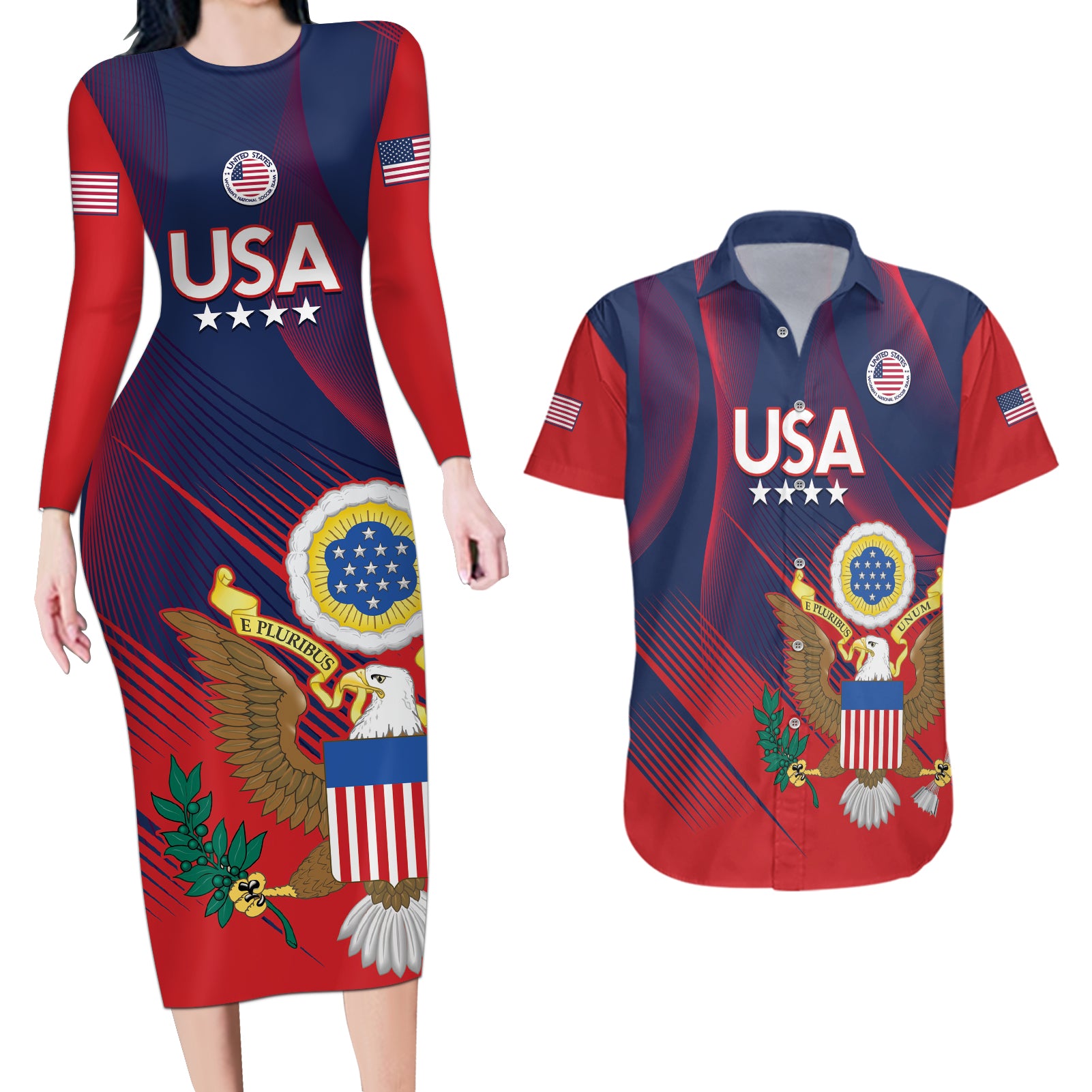 Custom United States Soccer Couples Matching Long Sleeve Bodycon Dress and Hawaiian Shirt Summer 2024 Go USA - Wonder Print Shop