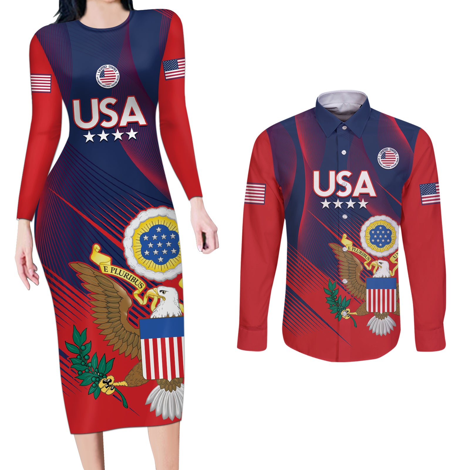 Custom United States Soccer Couples Matching Long Sleeve Bodycon Dress and Long Sleeve Button Shirt Summer 2024 Go USA - Wonder Print Shop