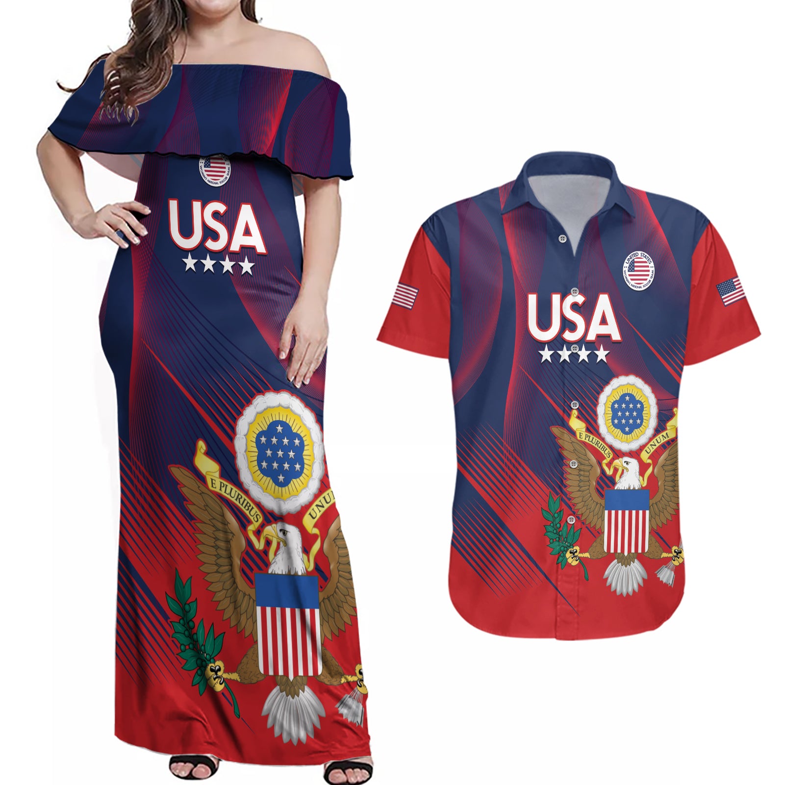 Custom United States Soccer Couples Matching Off Shoulder Maxi Dress and Hawaiian Shirt Summer 2024 Go USA - Wonder Print Shop