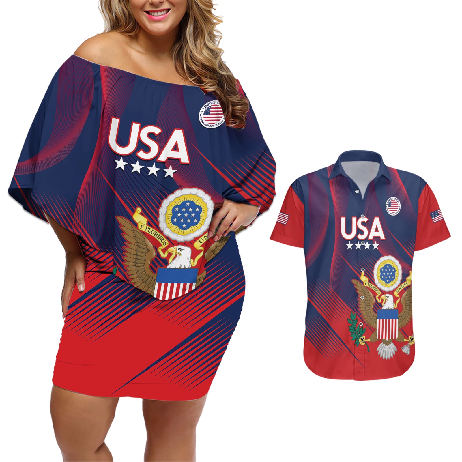 Custom United States Soccer Couples Matching Off Shoulder Short Dress and Hawaiian Shirt Summer 2024 Go USA - Wonder Print Shop