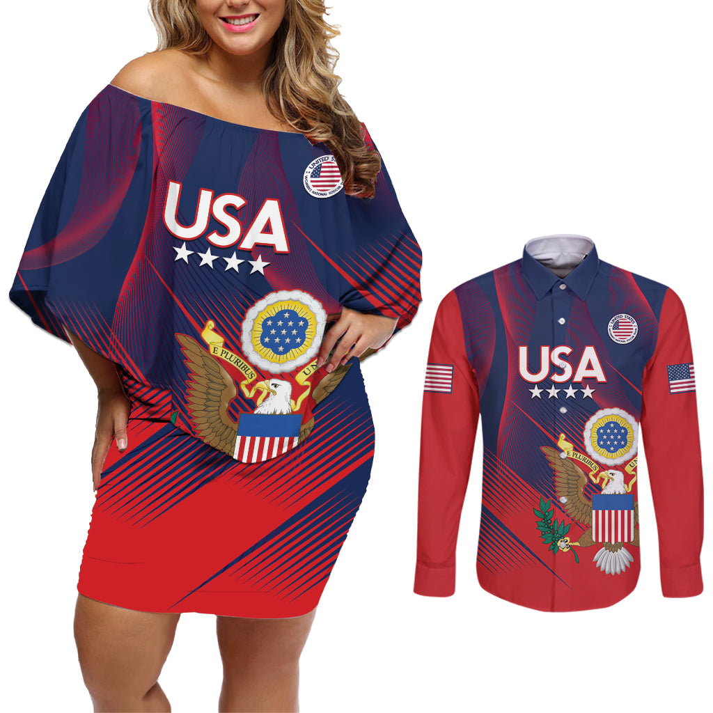 Custom United States Soccer Couples Matching Off Shoulder Short Dress and Long Sleeve Button Shirt Summer 2024 Go USA - Wonder Print Shop