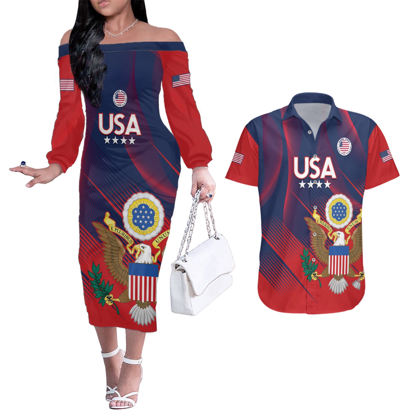 Custom United States Soccer Couples Matching Off The Shoulder Long Sleeve Dress and Hawaiian Shirt Summer 2024 Go USA - Wonder Print Shop