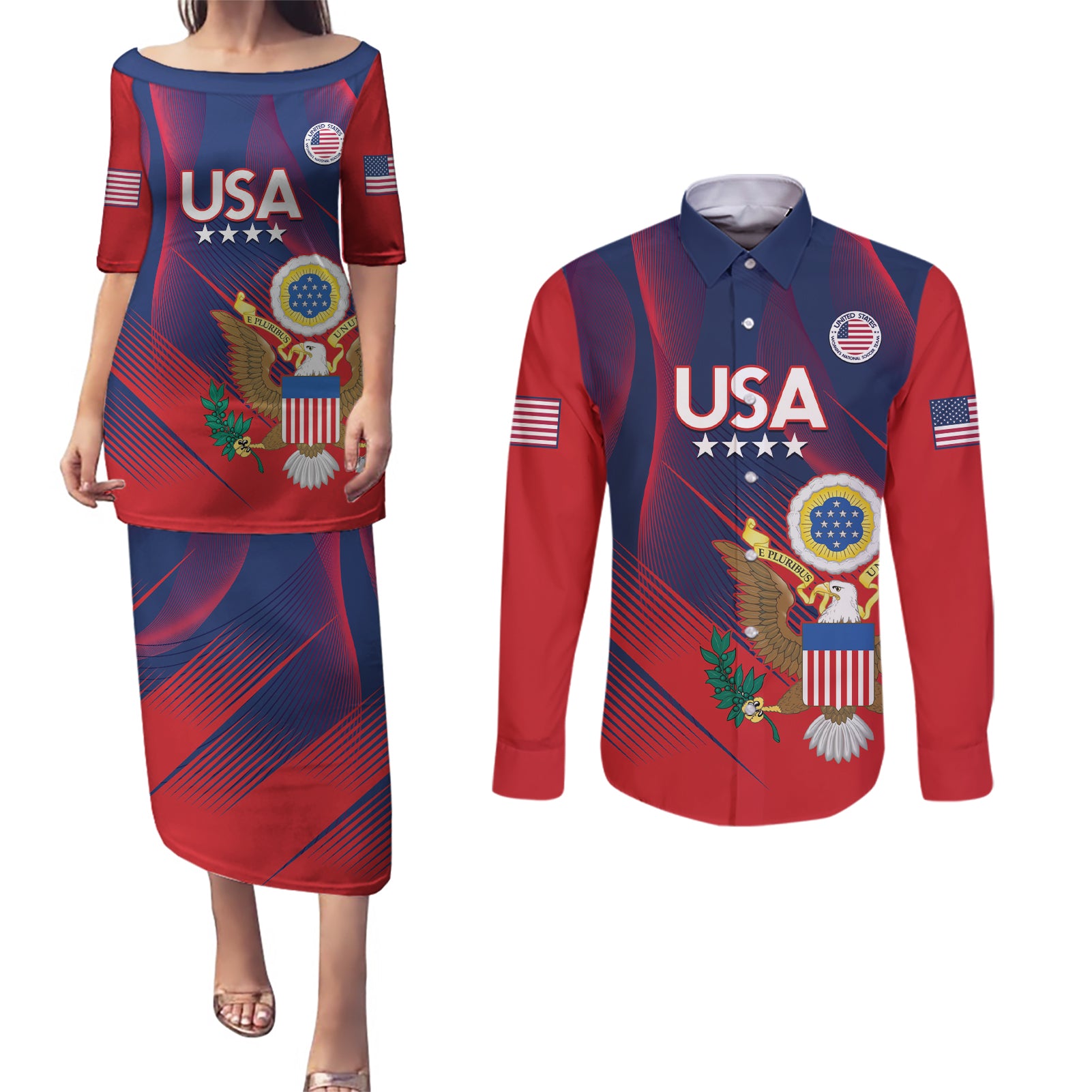 Custom United States Soccer Couples Matching Puletasi and Long Sleeve Button Shirt Summer 2024 Go USA - Wonder Print Shop