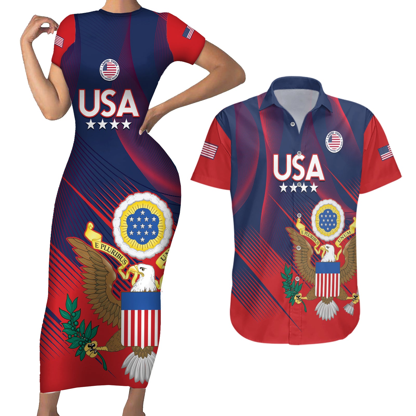 Custom United States Soccer Couples Matching Short Sleeve Bodycon Dress and Hawaiian Shirt Summer 2024 Go USA - Wonder Print Shop