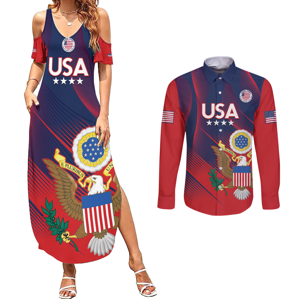 Custom United States Soccer Couples Matching Summer Maxi Dress and Long Sleeve Button Shirt Summer 2024 Go USA - Wonder Print Shop