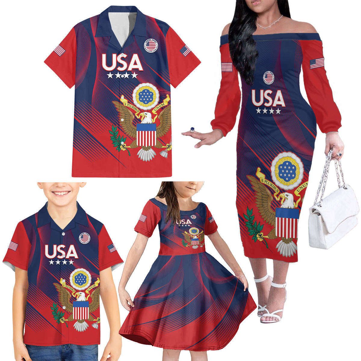 Custom United States Soccer Family Matching Off The Shoulder Long Sleeve Dress and Hawaiian Shirt Summer 2024 Go USA - Wonder Print Shop