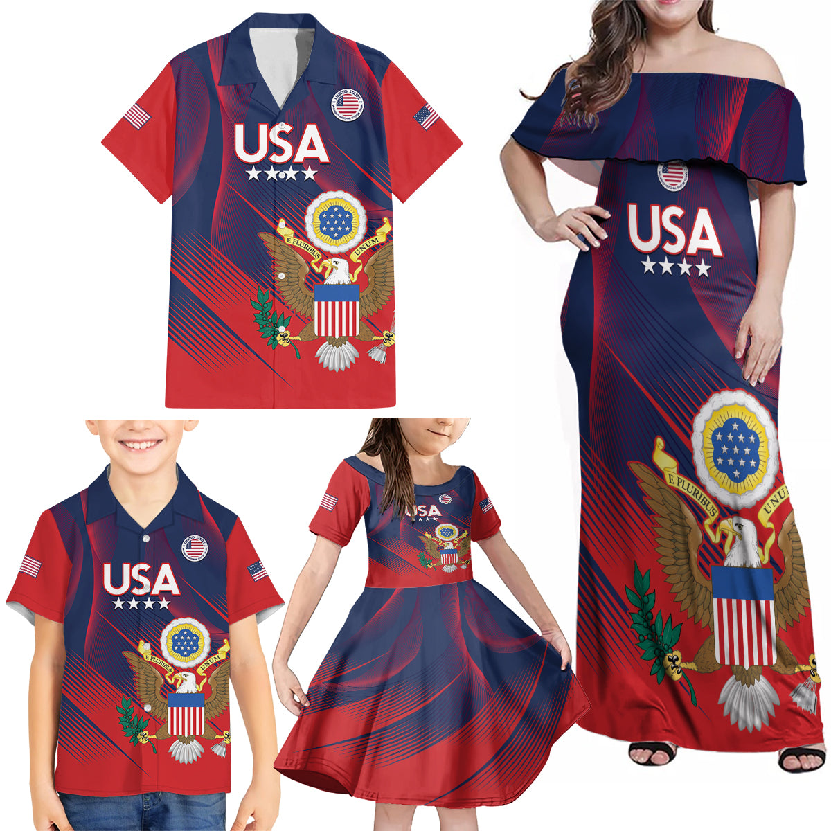 Custom United States Soccer Family Matching Off Shoulder Maxi Dress and Hawaiian Shirt Summer 2024 Go USA - Wonder Print Shop