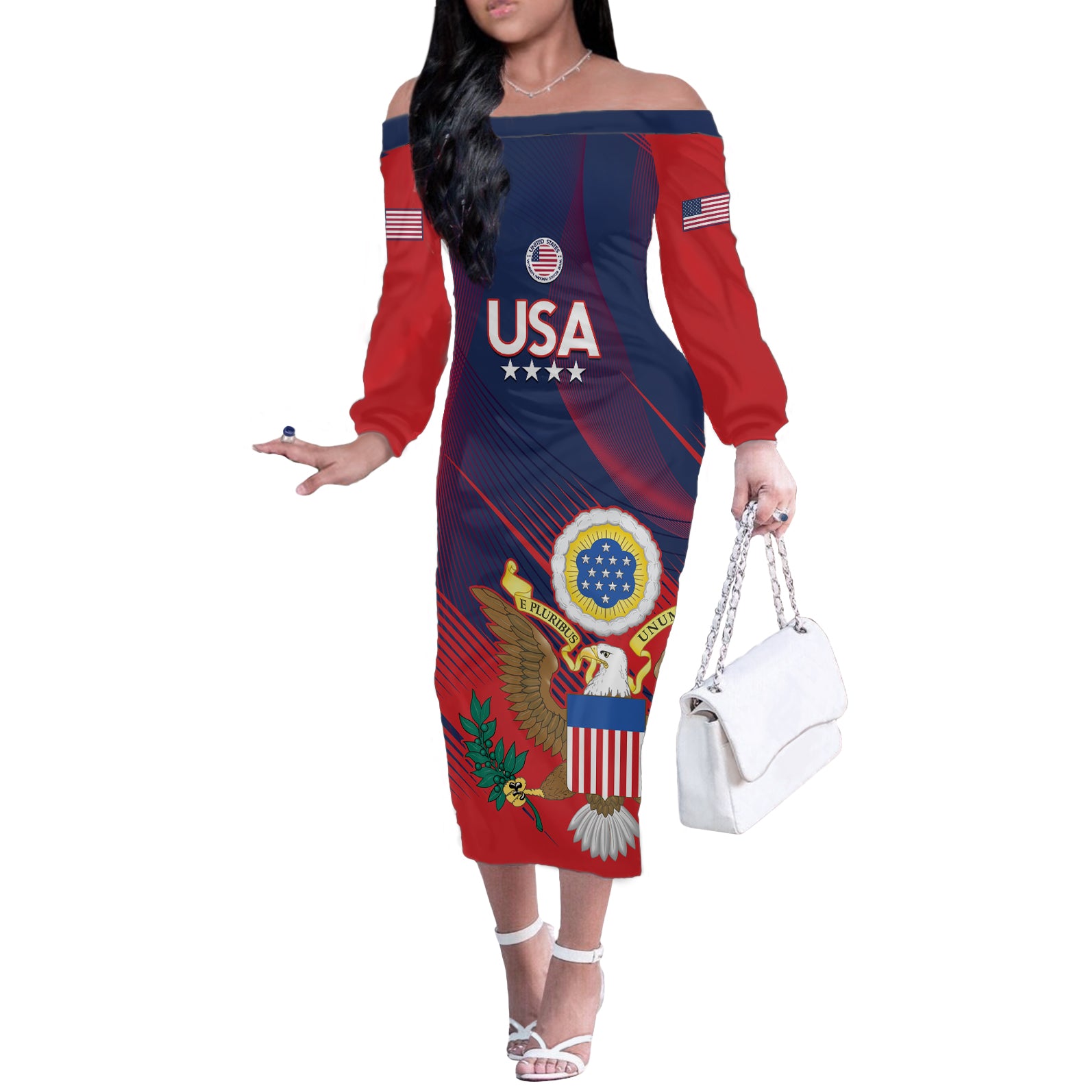 Custom United States Soccer Off The Shoulder Long Sleeve Dress Summer 2024 Go USA - Wonder Print Shop