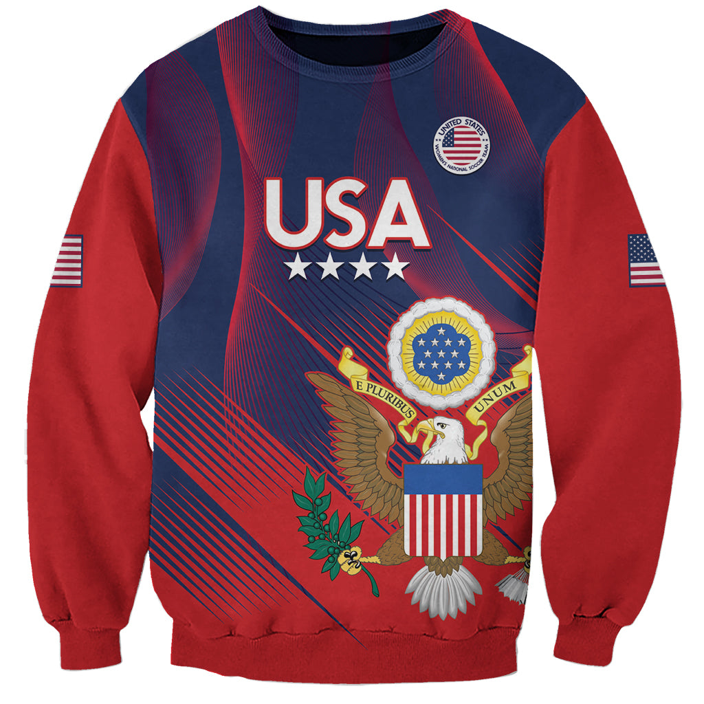 Unisex soccer sweatshirt with USA graphic, star accents, and red/blue knit