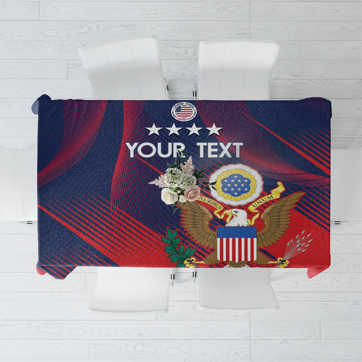 Custom US soccer tablecloth, blue and red patriotic geometric print with emblem and text