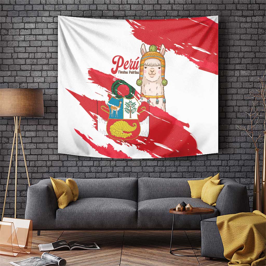 Fiestas Patrias de Peru Tapestry Coat Of Arms With Cute Alpaca Face