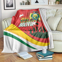 Red Bolivia-themed throw blanket with 200 years emblem, flag stripes, dove, and silhouettes