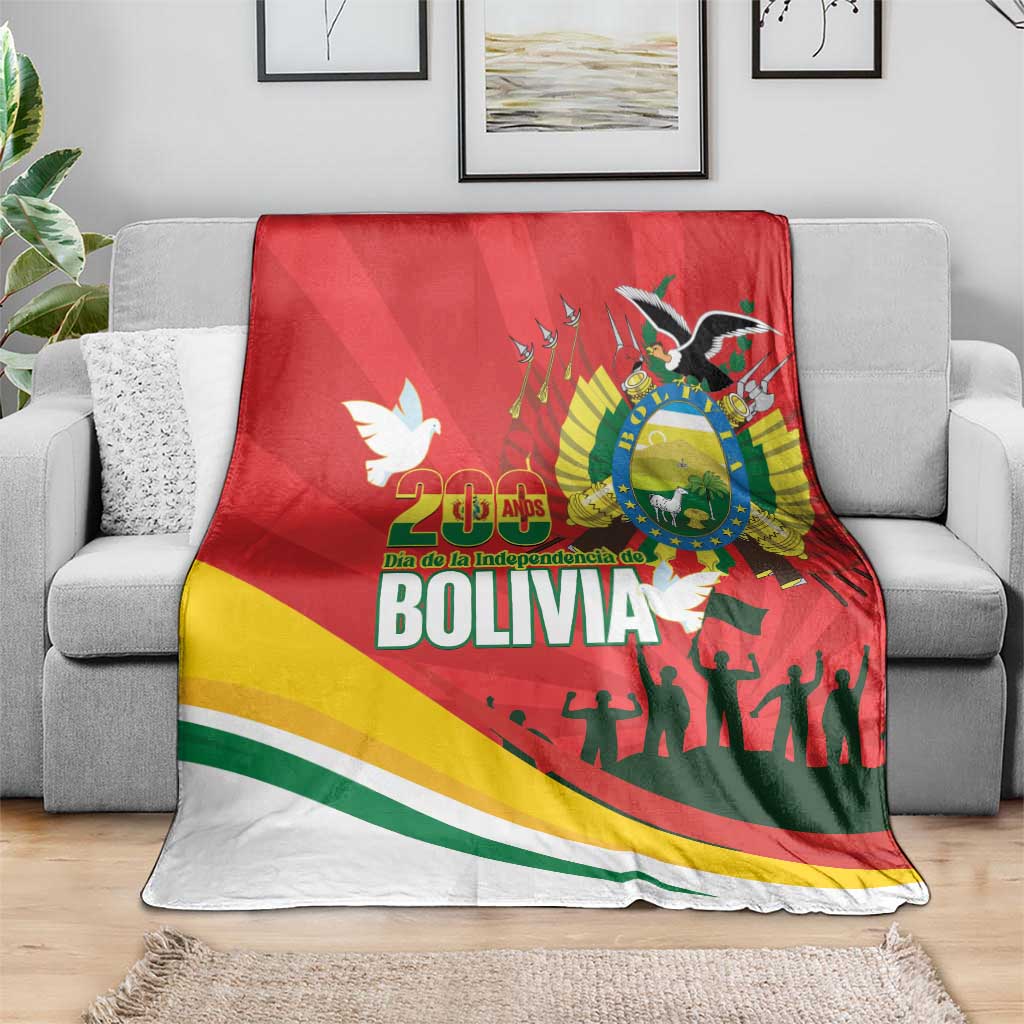 Red Bolivia-themed throw blanket with 200 years Bolivia text and flag stripes on a couch