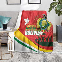 Red Bolivia-themed blanket with flag stripes and 200 years Bolivia design, dove and silhouettes