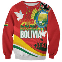 Red unisex sweatshirt with Bolivia independence graphic, 200 anos and flag design