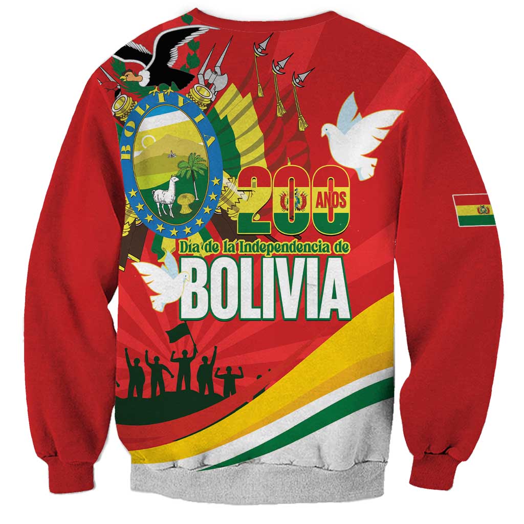 Red unisex sweatshirt, back graphic with 200 anos Bolivia text and flag