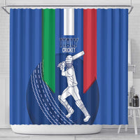 Blue shower curtain with centered white cricket batsman on Italy tricolor design