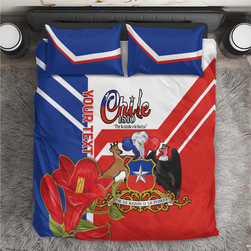 Top view of Chile-themed bedding set: red, blue, and white duvet with matching pillowcases