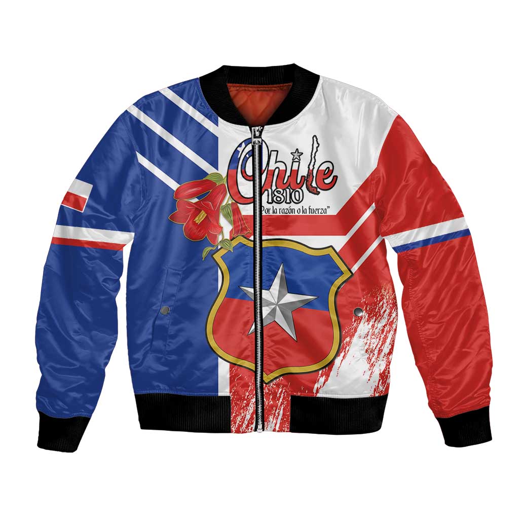 Personalized Chile Independence Day Bomber Jacket Chilean Coat Of Arms Copihue Flag Style - Wonder Print Shop