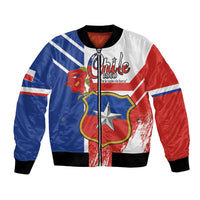 Unisex bomber jacket with full-zip front, red white blue graphic and black ribbed cuffs