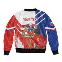 Unisex bomber jacket, back view with red white blue graphic and black ribbed hem