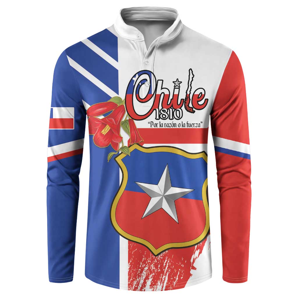 Red, blue, and white Chile-flag style zip sweatshirt with crest and star graphic