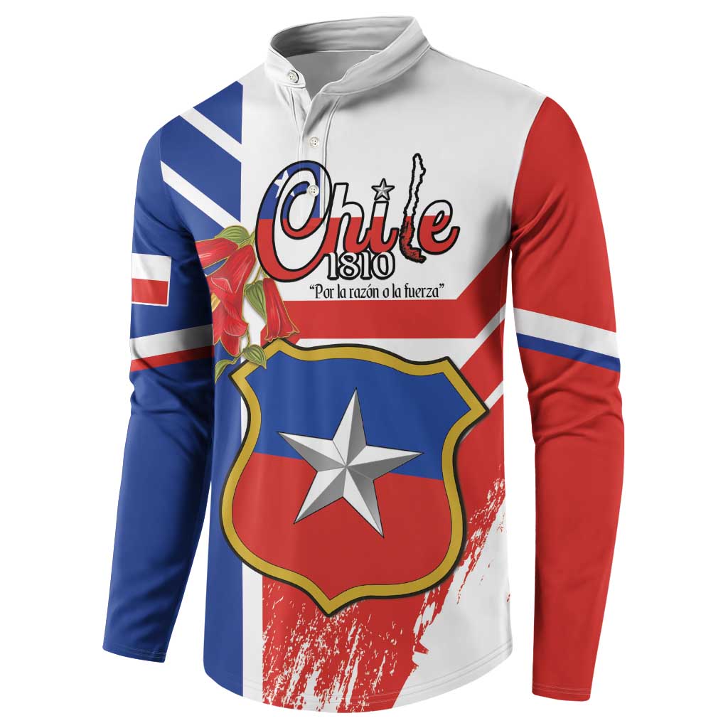 Blue and red Chile-flag style zip sweatshirt with crest, star, and flower artwork