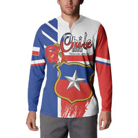 Chile-flag style quarter-zip sweatshirt in red, blue, and white with crest and flowers