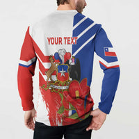 Back view Chile-flag zip sweatshirt with 'YOUR TEXT' over crest and animal figures