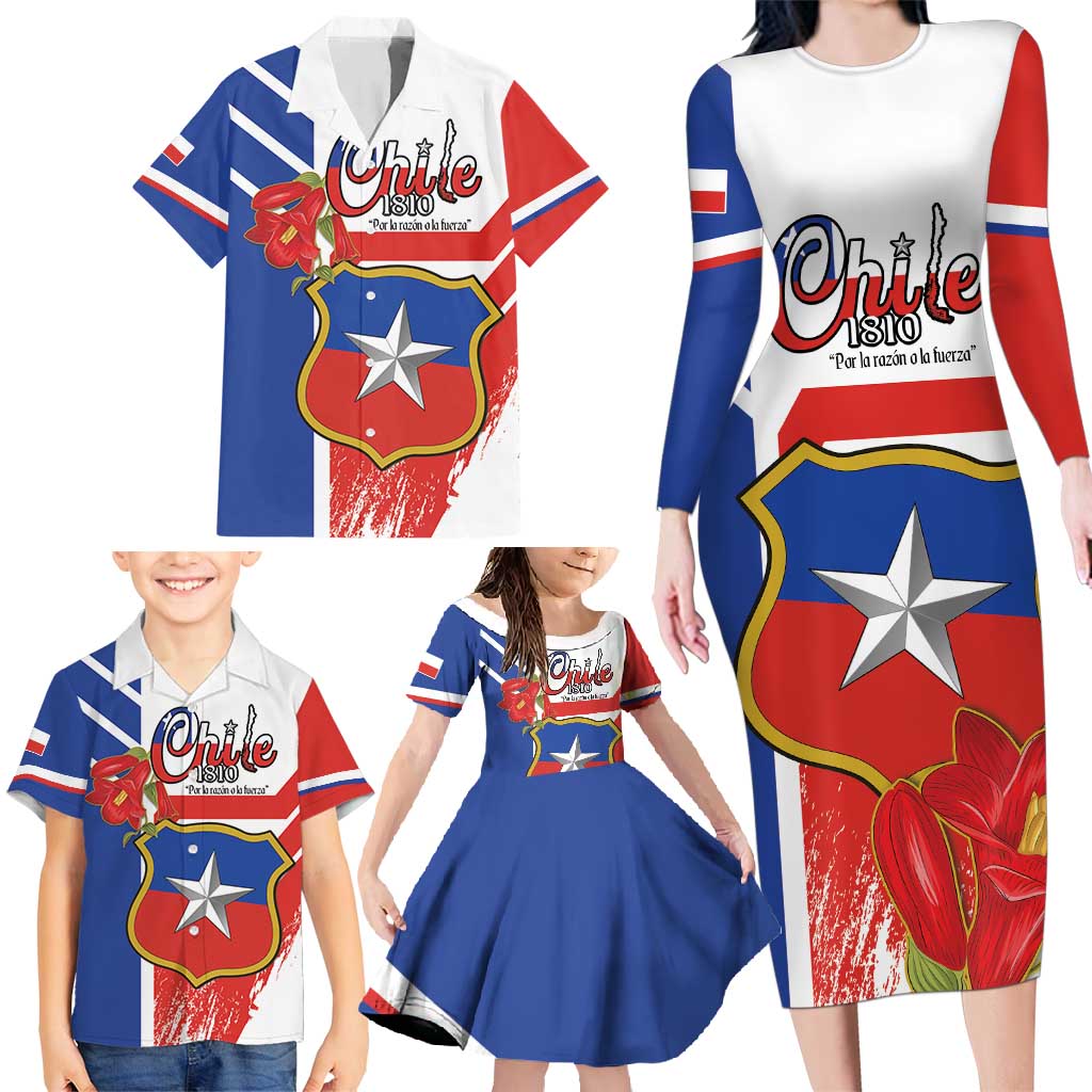 Personalized Chile Independence Day Family Matching Long Sleeve Bodycon Dress and Hawaiian Shirt Chilean Coat Of Arms Copihue Flag Style - Wonder Print Shop