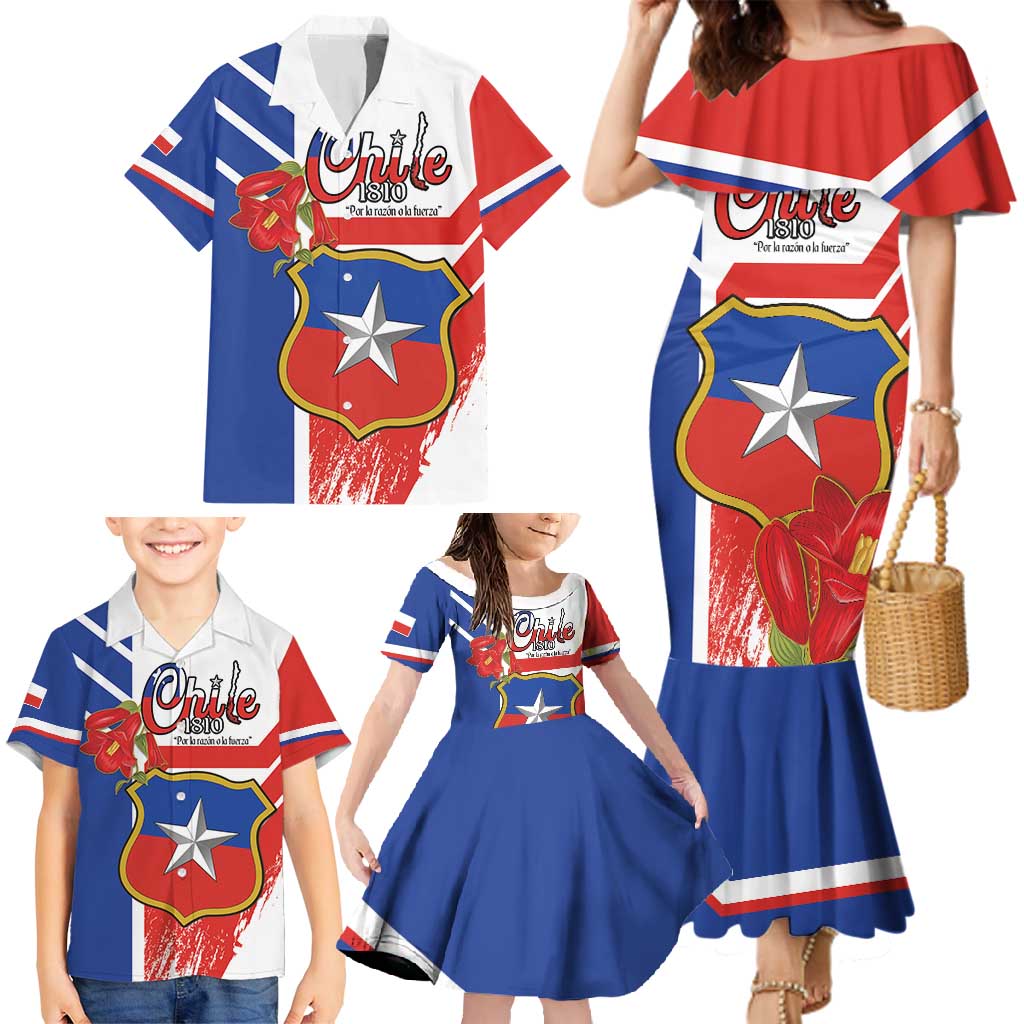 Personalized Chile Independence Day Family Matching Mermaid Dress and Hawaiian Shirt Chilean Coat Of Arms Copihue Flag Style - Wonder Print Shop