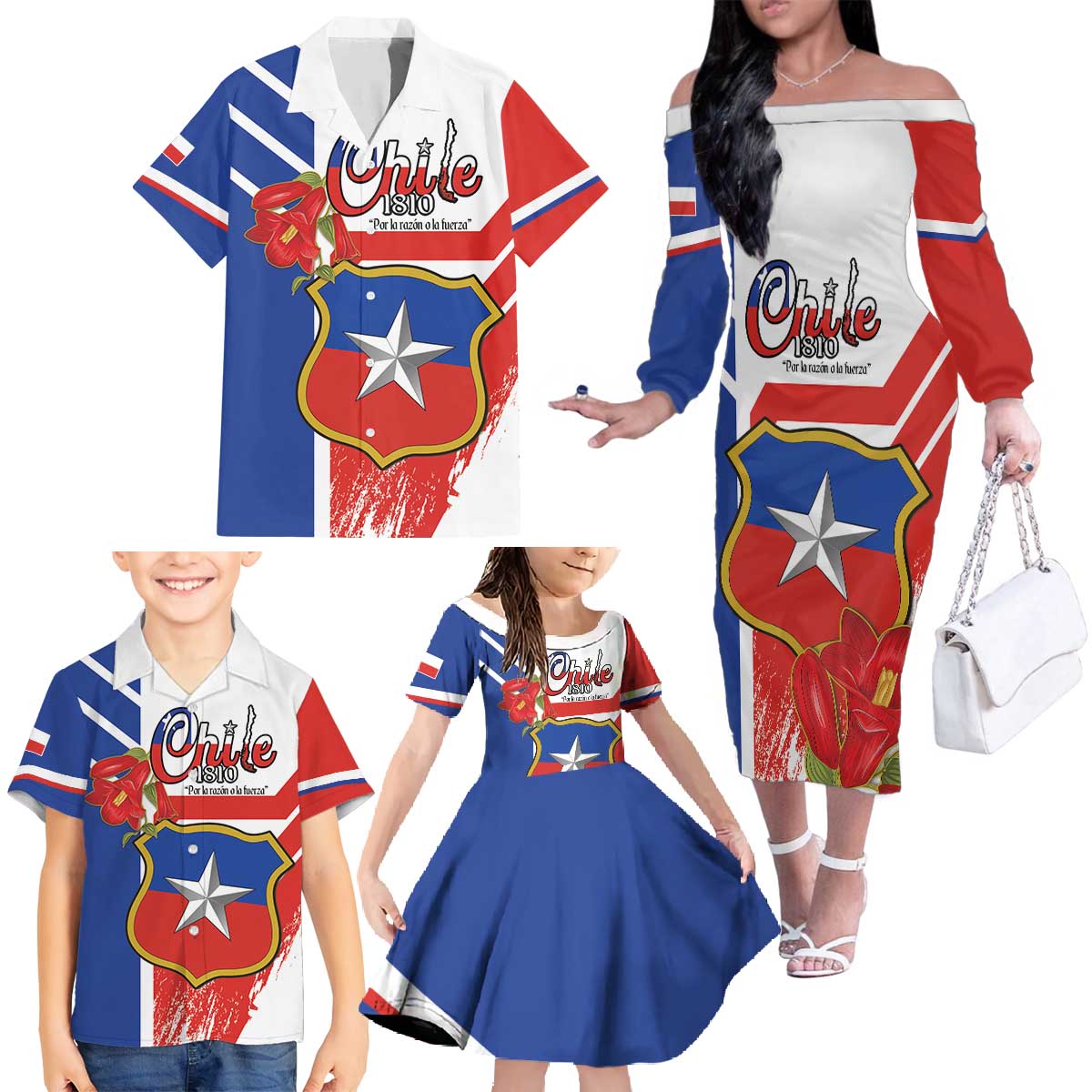 Personalized Chile Independence Day Family Matching Off The Shoulder Long Sleeve Dress and Hawaiian Shirt Chilean Coat Of Arms Copihue Flag Style - Wonder Print Shop