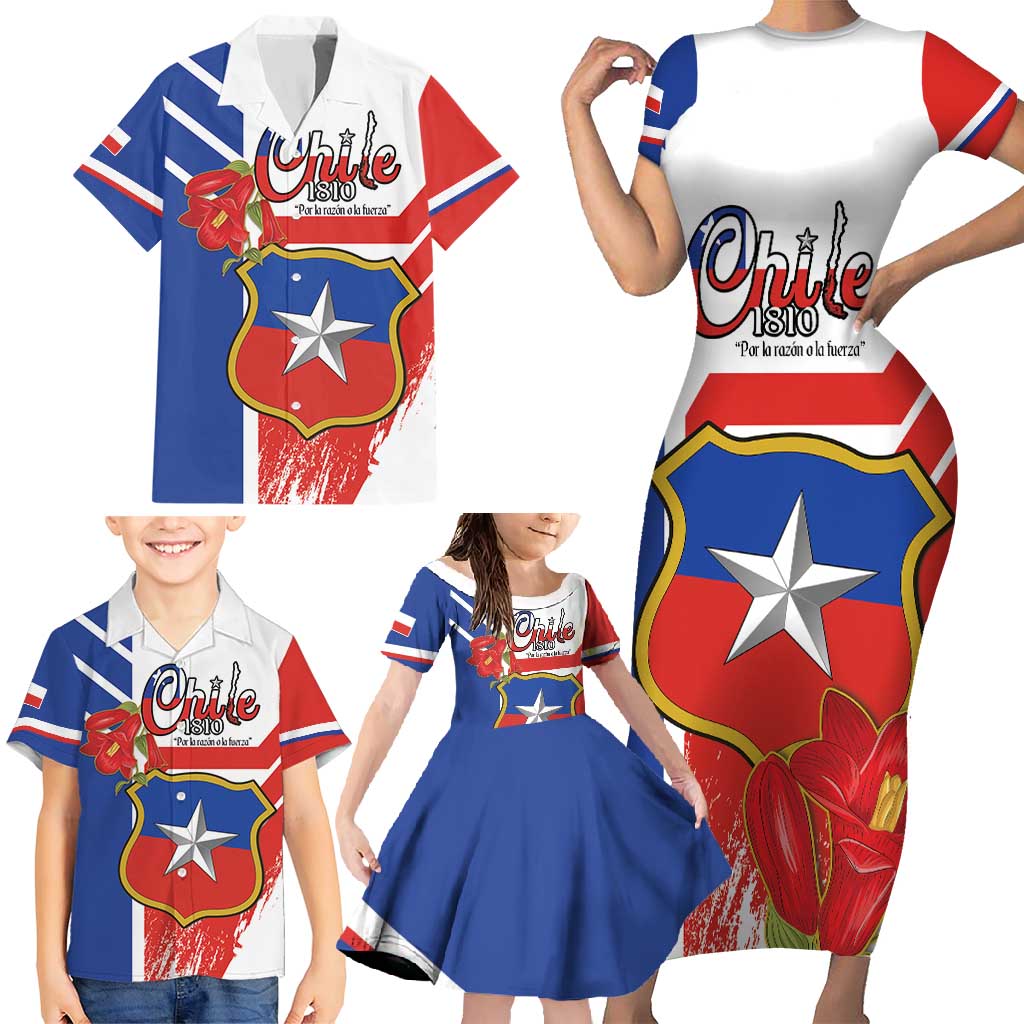 Personalized Chile Independence Day Family Matching Short Sleeve Bodycon Dress and Hawaiian Shirt Chilean Coat Of Arms Copihue Flag Style - Wonder Print Shop