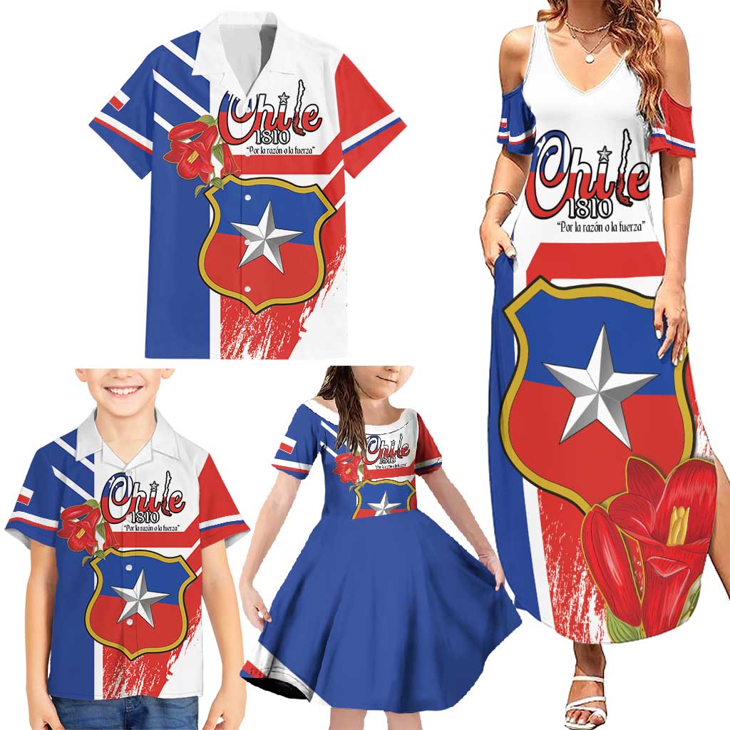 Personalized Chile Independence Day Family Matching Summer Maxi Dress and Hawaiian Shirt Chilean Coat Of Arms Copihue Flag Style - Wonder Print Shop