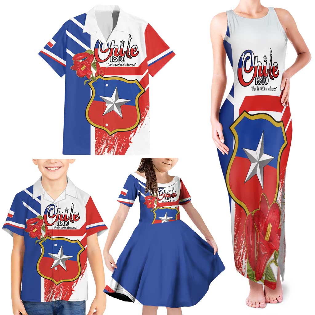 Personalized Chile Independence Day Family Matching Tank Maxi Dress and Hawaiian Shirt Chilean Coat Of Arms Copihue Flag Style - Wonder Print Shop