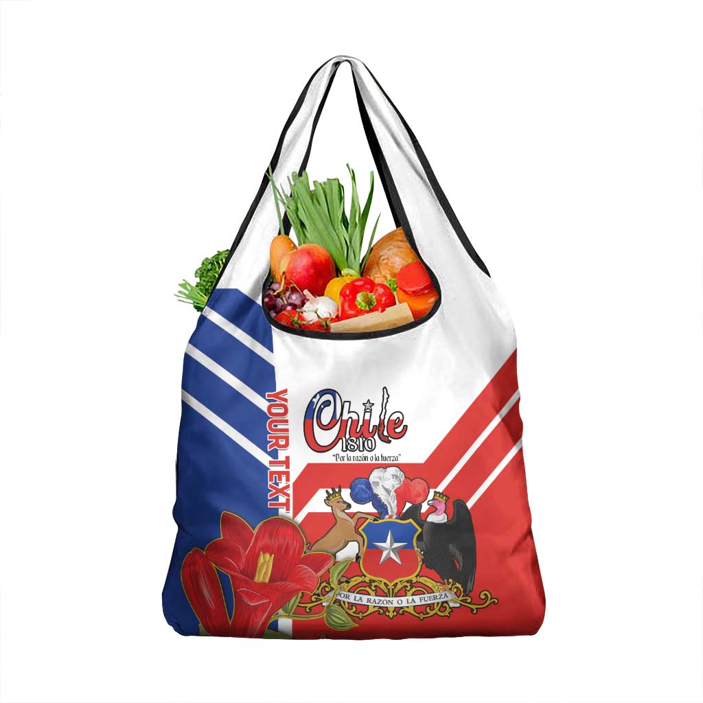 Personalized Chile Independence Day Grocery Bag Chilean Coat Of Arms Copihue Flag Style