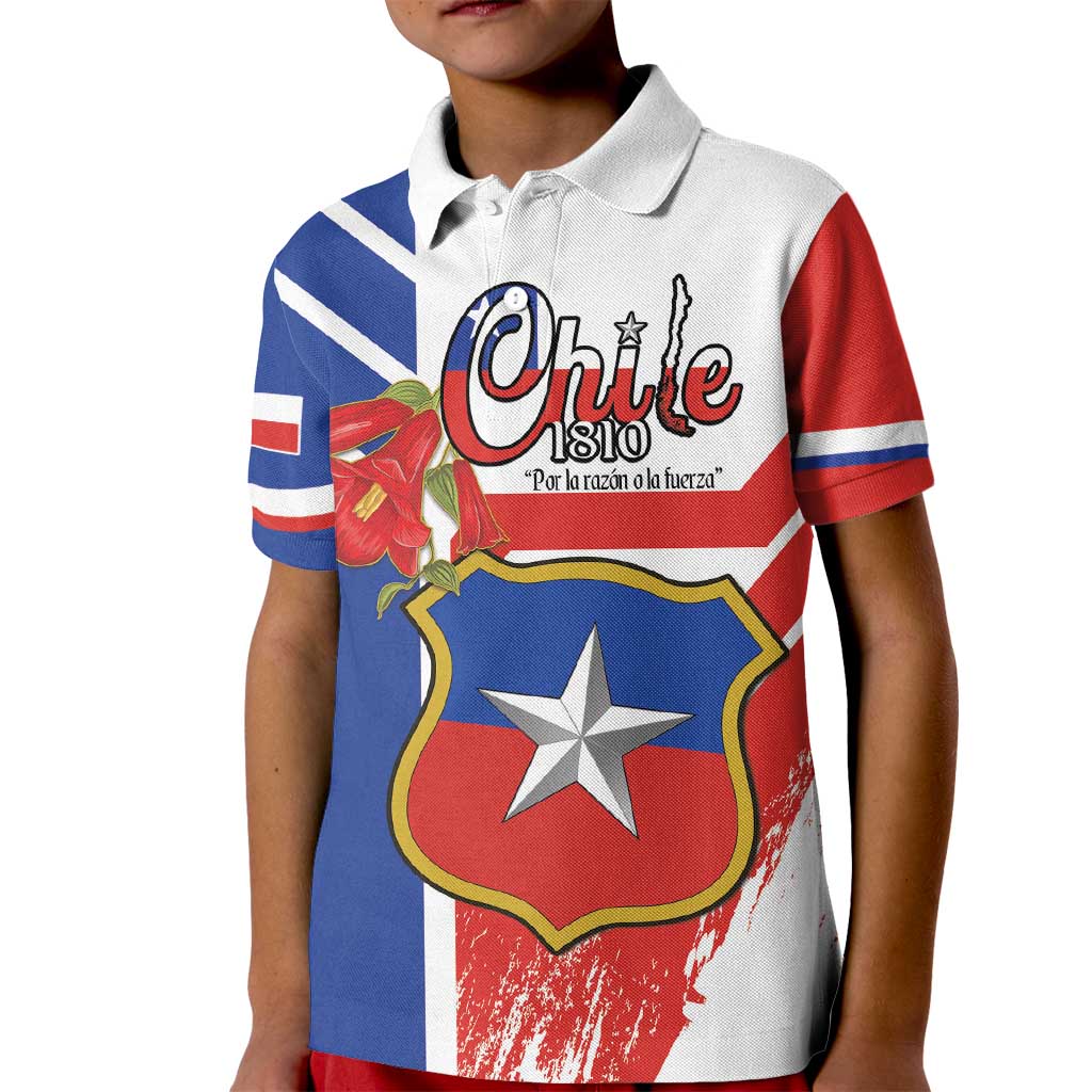 Personalized Chile Independence Day Kid Polo Shirt Chilean Coat Of Arms Copihue Flag Style - Wonder Print Shop