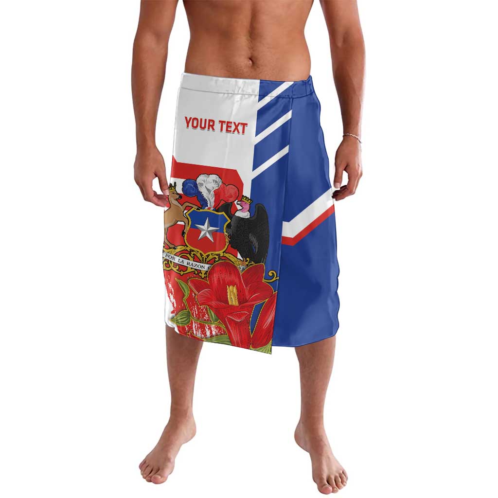 Men's blue Chile flag graphic shorts with crest, red-white diagonal accents, custom text