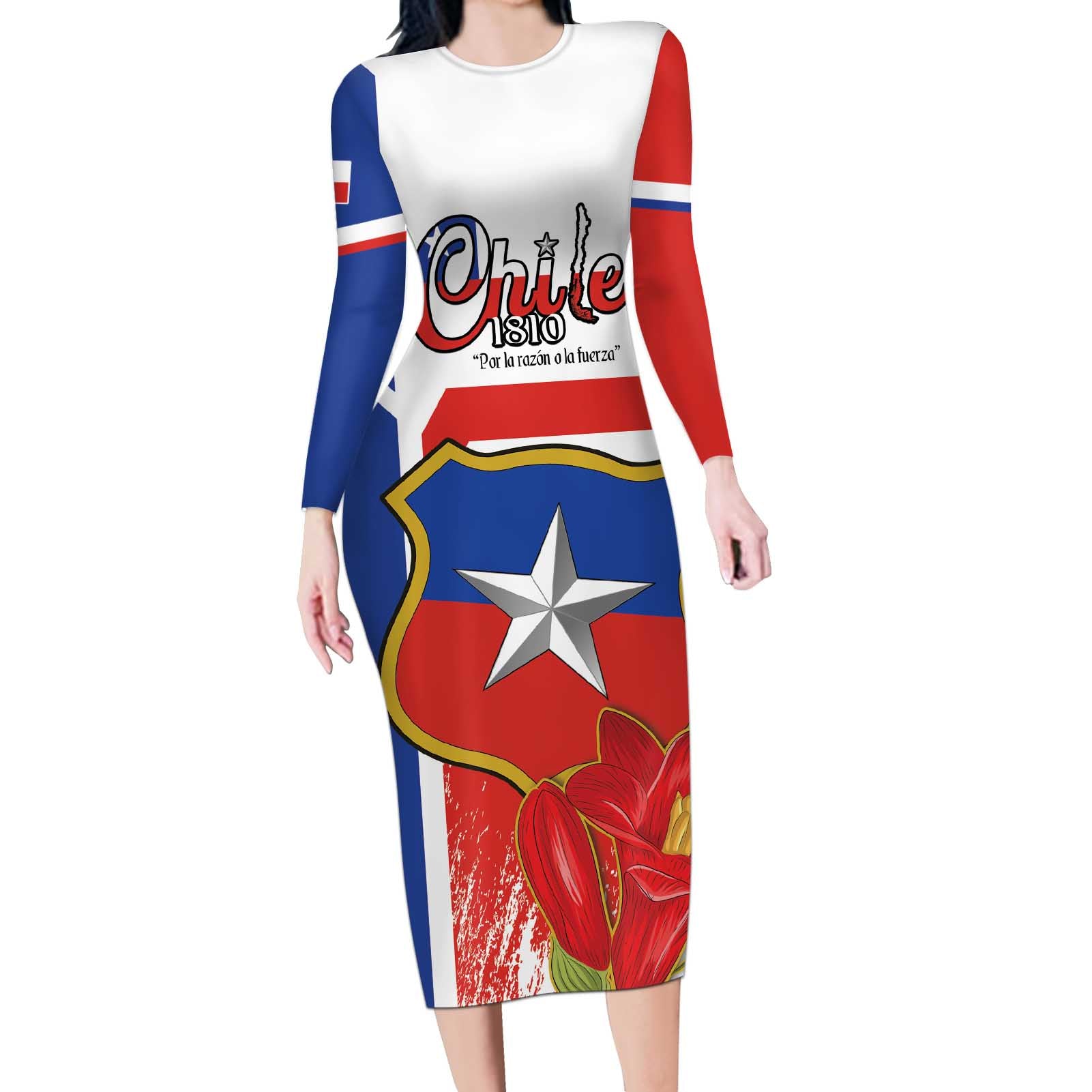 Personalized Chile Independence Day Long Sleeve Bodycon Dress Chilean Coat Of Arms Copihue Flag Style - Wonder Print Shop