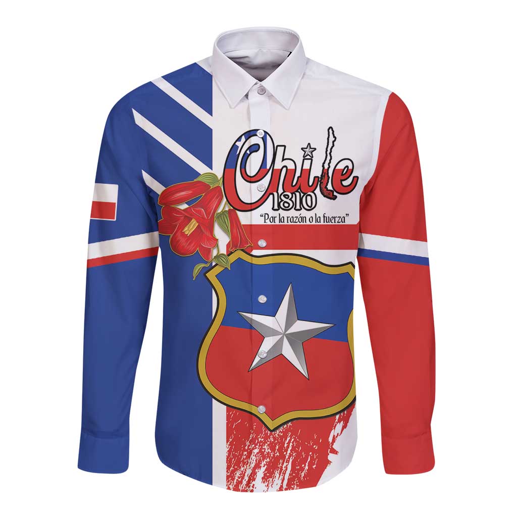 Red, blue & white long-sleeve button shirt with Chile emblem and floral graphic