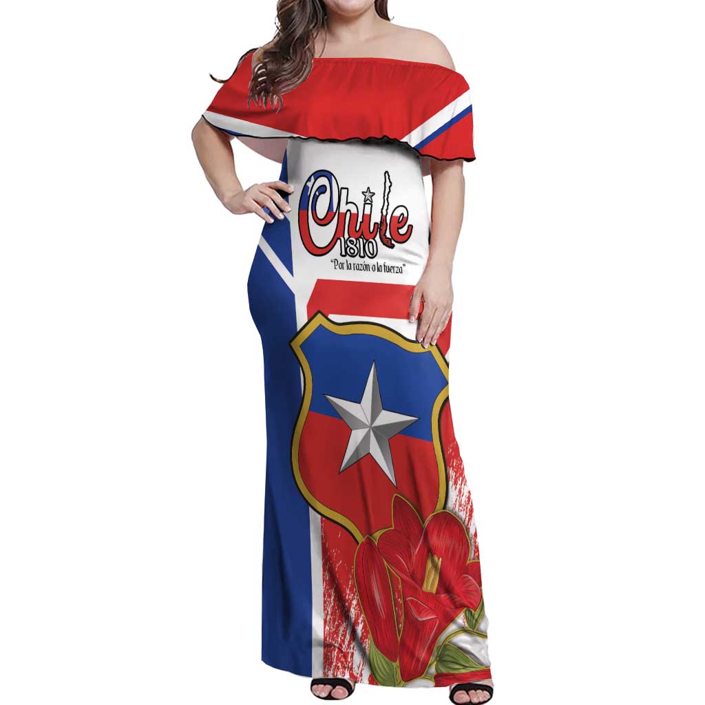 Personalized Chile Independence Day Off Shoulder Maxi Dress Chilean Coat Of Arms Copihue Flag Style - Wonder Print Shop