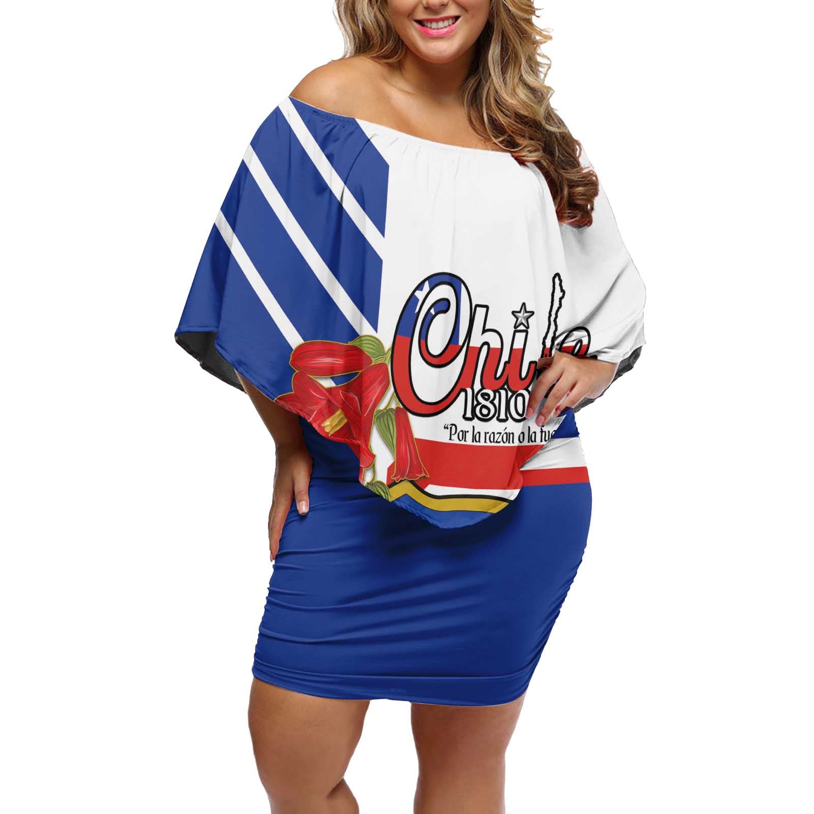 Personalized Chile Independence Day Off Shoulder Short Dress Chilean Coat Of Arms Copihue Flag Style - Wonder Print Shop