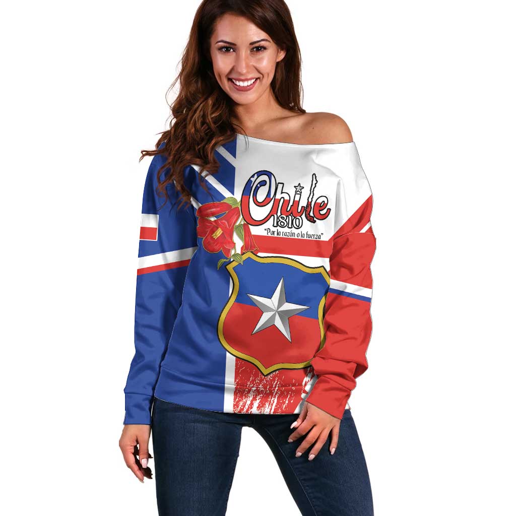 Personalized Chile Independence Day Off Shoulder Sweater Chilean Coat Of Arms Copihue Flag Style - Wonder Print Shop