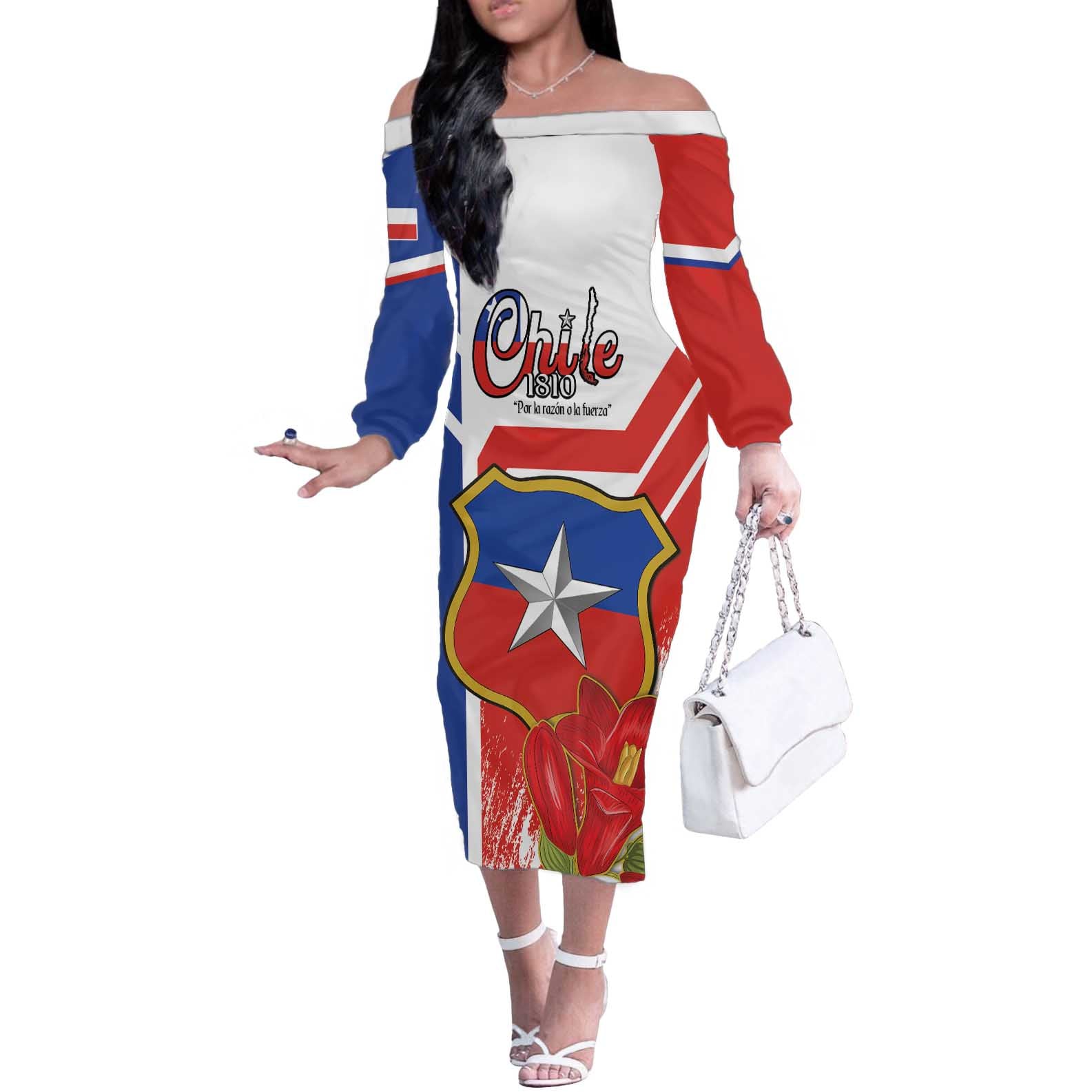 Personalized Chile Independence Day Off The Shoulder Long Sleeve Dress Chilean Coat Of Arms Copihue Flag Style - Wonder Print Shop